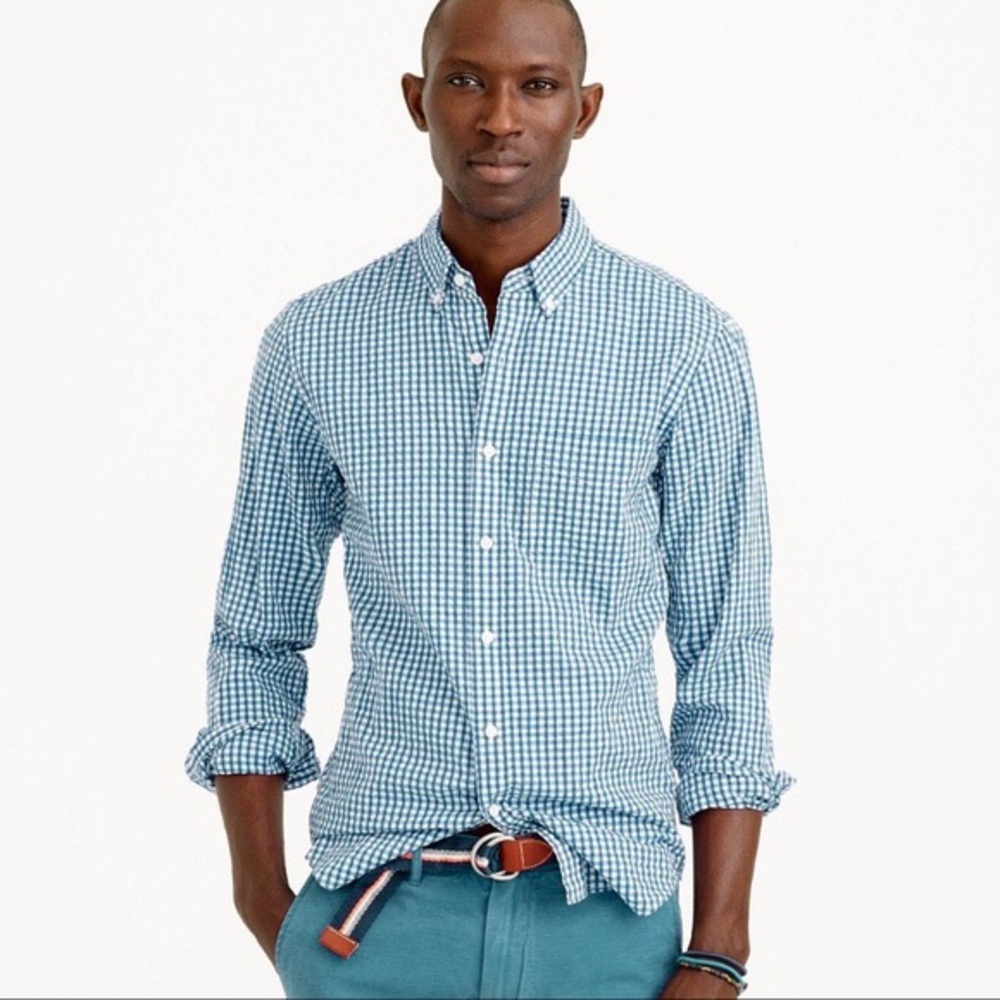 J. Crew Men’s Slim Fit Blue Gingham Button Down. Light weight, turquoise color